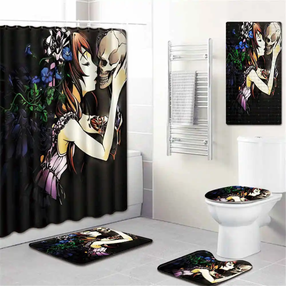 5Pcs/Set 3D Skull Shower Curtain Bath Rug Set Toilet Cover Bath Mat Set Bathroom Accessories Curtains With Hooks - Цвет: No-8