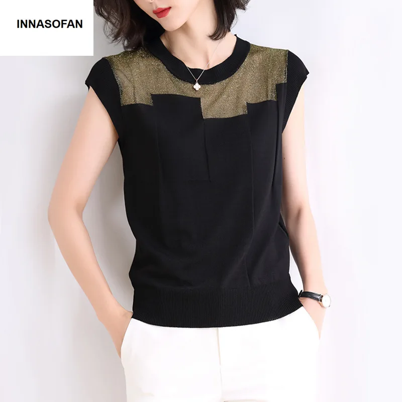INNASOFAN thin sweater for women Summer knitwear Euro-American fashion chic shiny short-sleeved | Женская одежда