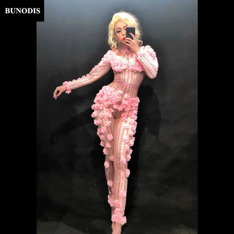 ZD205 Women Sexy Jumpsuit Full Of Small Pink Flowers Nightclub Party Bodysuit Stage Wear Dancer Singer Costumes
