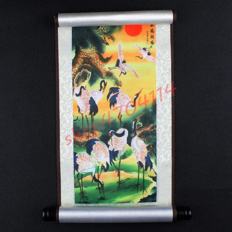 

Chinese Style Silk Axis Painting, Sunrise in pine crane Picture, Decorative Painting, Home Ornaments, Traditional Crafts