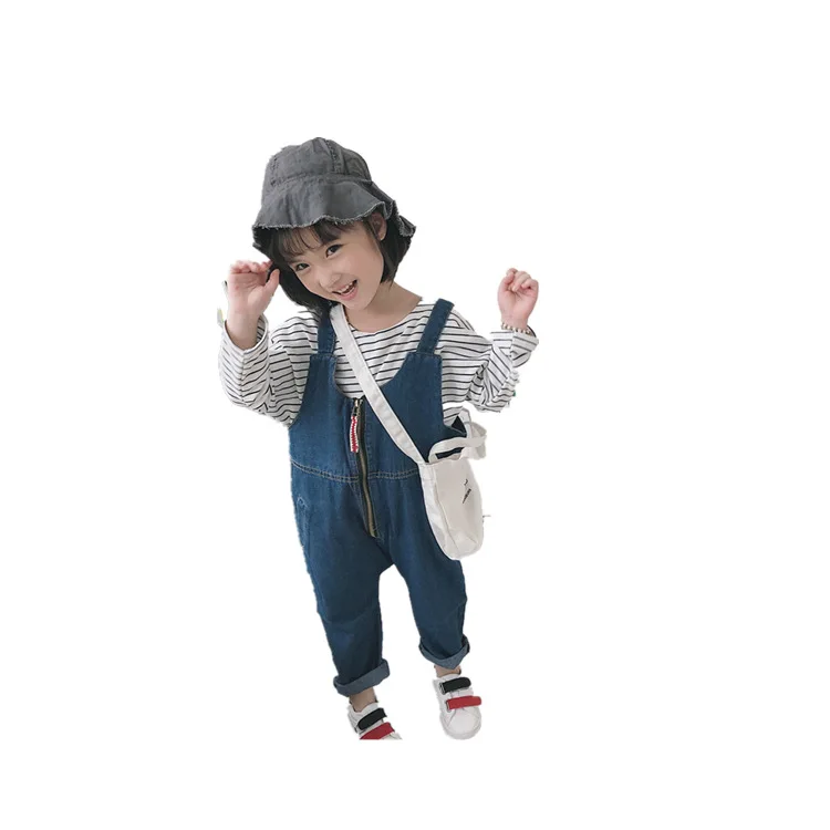 2018 spring autumn clothing pure color cotton two fake pockets ornament boys girls kids zipper fly loose fashion cowboy overalls | Детская