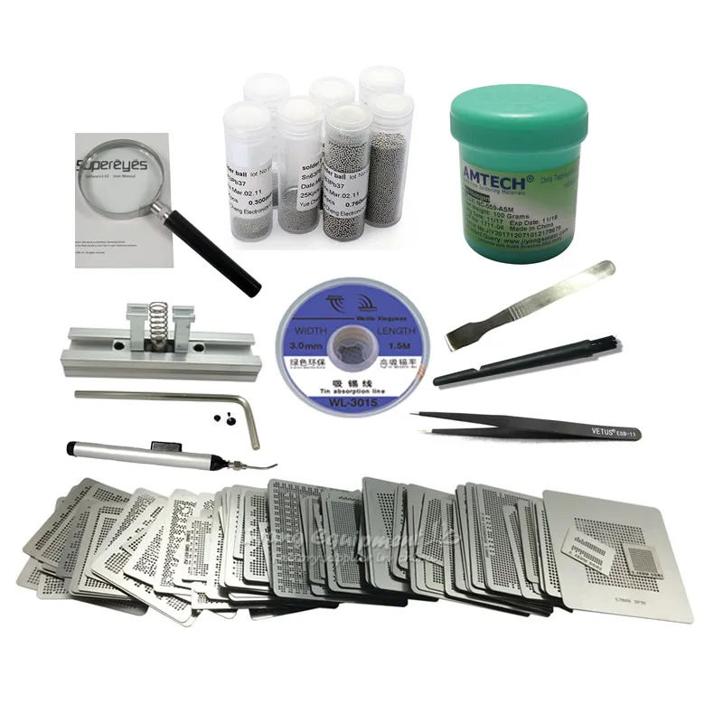 

BGA Reballing Kit 219pcs Direct Heat Stencils 25K tin Solder Ball AMTECH 559 Solder Flux Paste BGA Scraper Brush Tweezer