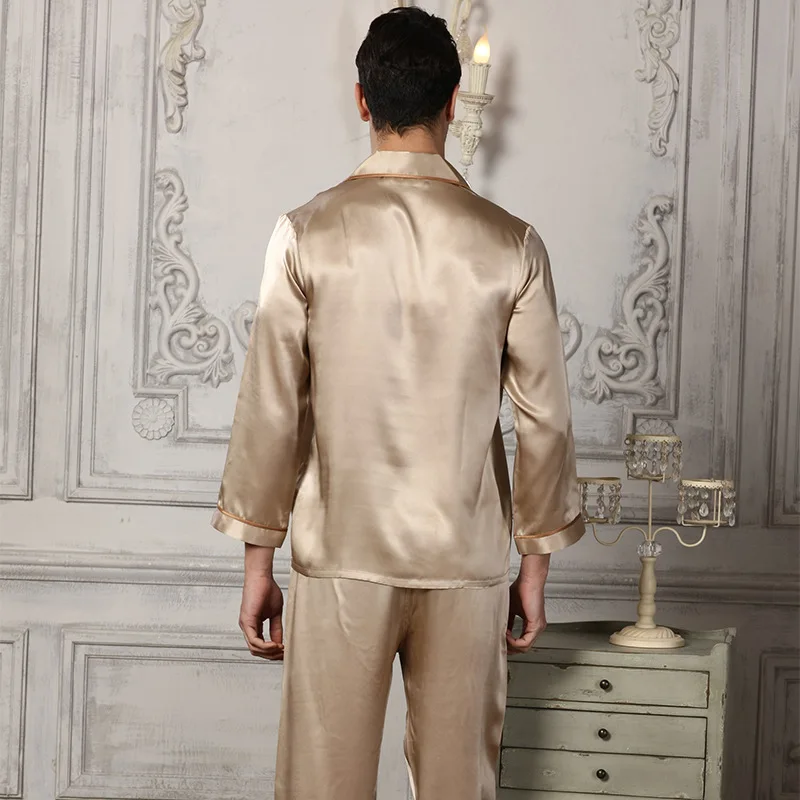 Genuine Silk Pajamas Man Two-Piece Sets 100% Silkworm Silk Sleepwear Male Comfortable Home Wear 16195