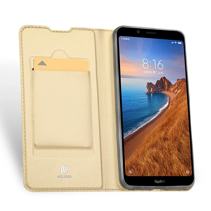 golden Чехол-книжка для Xiaomi Redmi 7A с отделением для карт, чехол-кошелек с подставкой из искусственной кожи и ТПУ, Мягкий бампер, защитный чехол для мобильного телефона - Цвет: golden