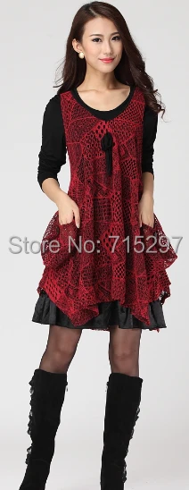 2014 new design women fashion big size two pcs set dress mesh cotton plus long sleeve loose slimming comfortable elegant | Женская