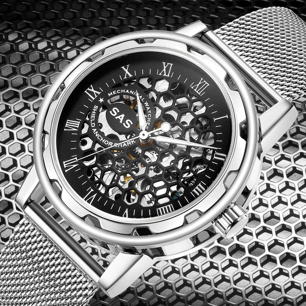 Часы наручные SAS Мужские механические с сетчатым браслетом из нержавеющей