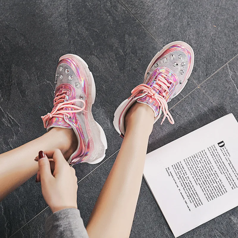 Блестящие женские кроссовки zapatos de mujer Белые блестящие chaussures femme Женские с