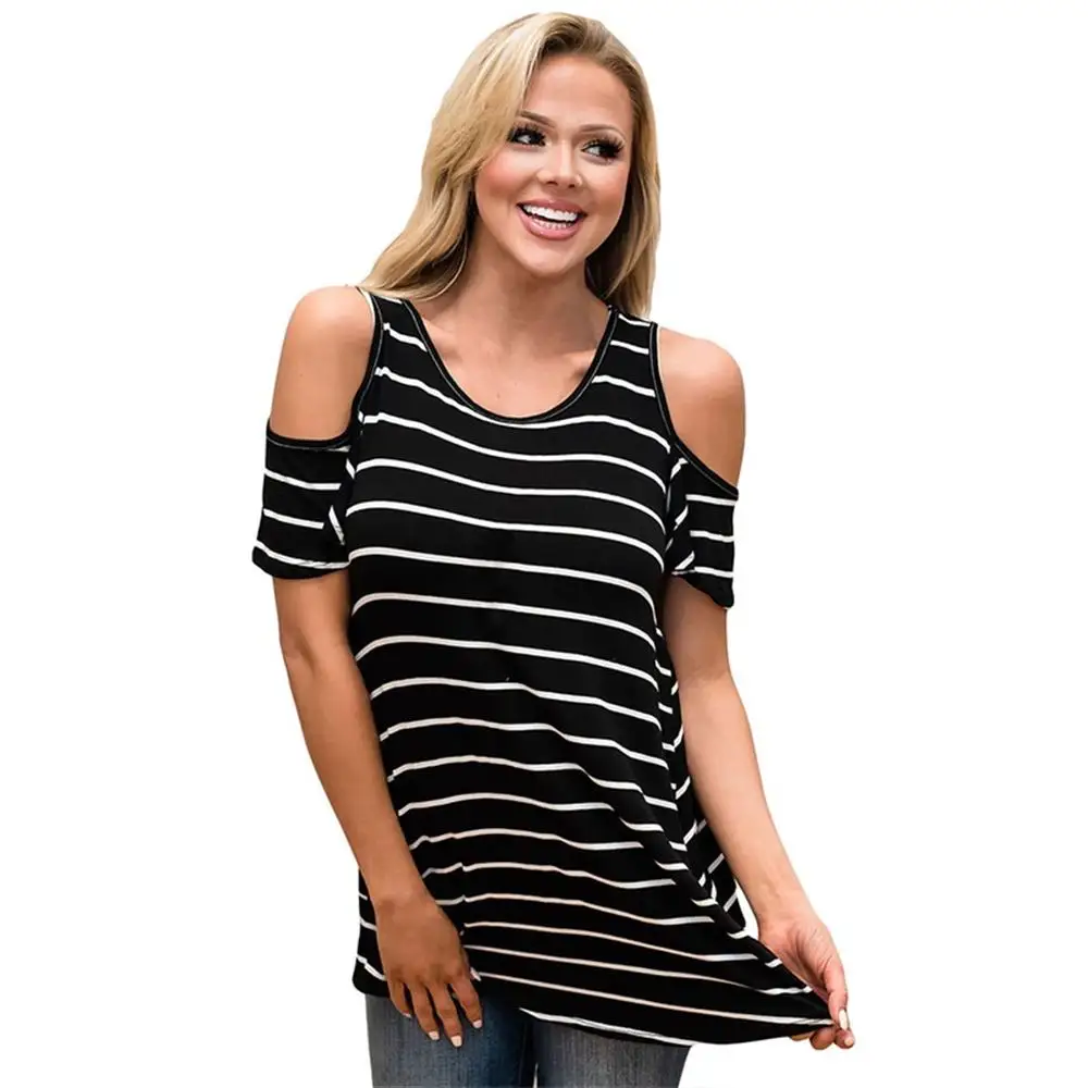 Лето Женская сексуальность с плеча футболка в полоску женские плюс Размеры