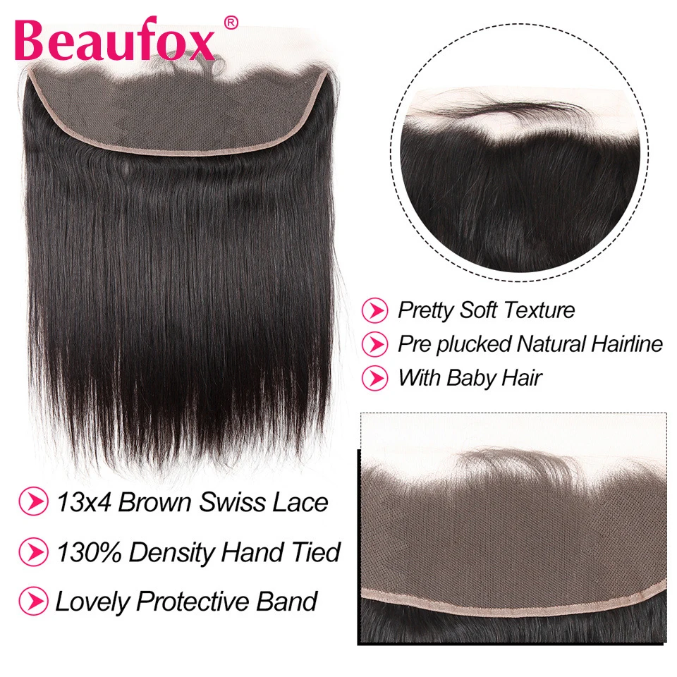 Beaufox 13*4 уха в ухо Кружева Фронтальная Закрытие бразильские прямые человеческие волосы Кружева Фронтальная свободная часть remy наращивание волос