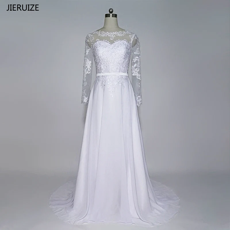 

JIERUIZE White Vintage Lace Appliques Long Sleeves Wedding Dresses Sheer Back Buttons Cheap Bridal Gowns vestido de noiva