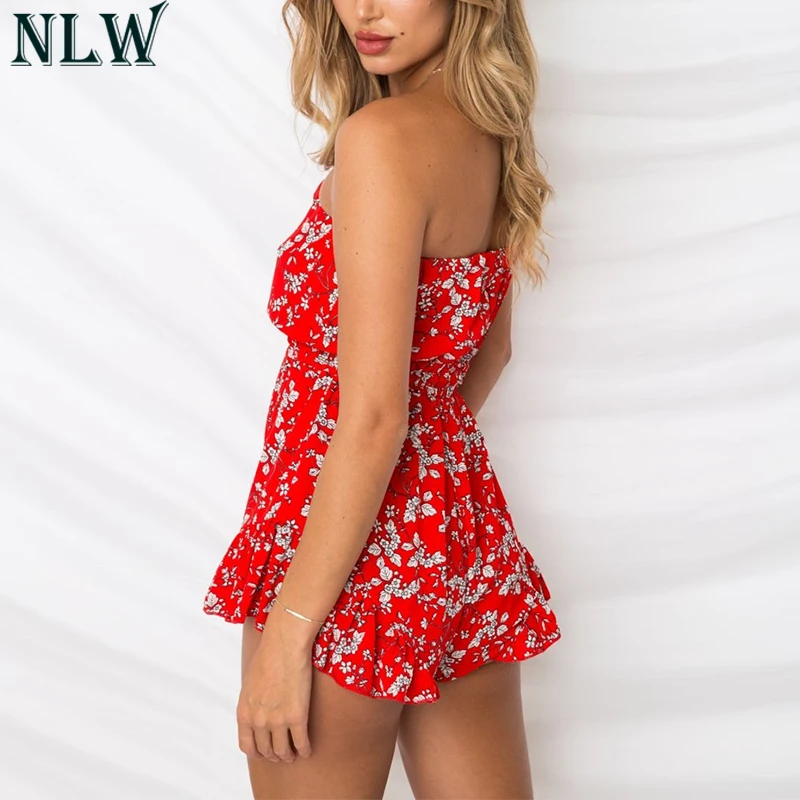 NLW красный Boho цветочный принт сексуальные костюмы летние шифоновый комбинезон 2018