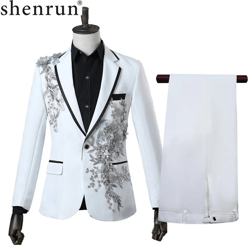 Men Skinny Suits Fashion Casual Slim Fit Suit Jacket Pants Stage Wedding prom Costume white black dress for dinner mens tuxedo
