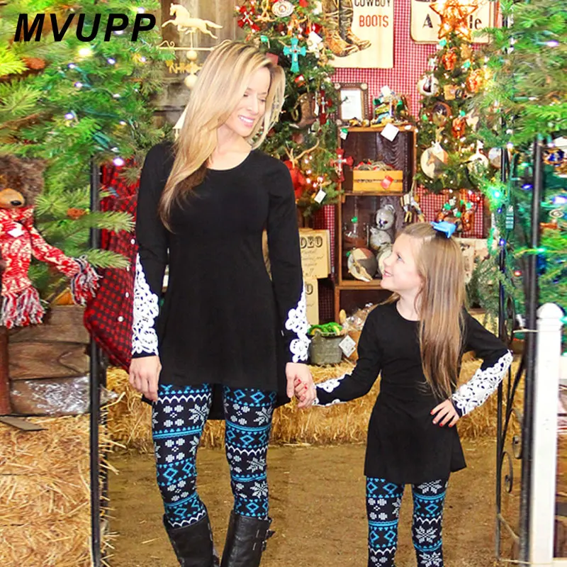 MVUPP платья для мамы и дочки Одинаковая одежда для семьи Красное и черное кружевное однотонное лоскутное платье с длинными рукавами для мамы и дочки топ-футболка