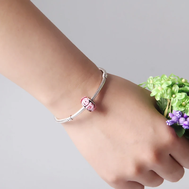 5pcs New Style Free Shipping Rose Flower Glass Beads With 925 Sterling Silver Tube For Women Bracelet Necklace DIY Accessories | Украшения