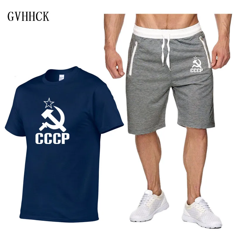 Костюм мужской с принтом СССР хлопок футболка и шорты повседневный комплект