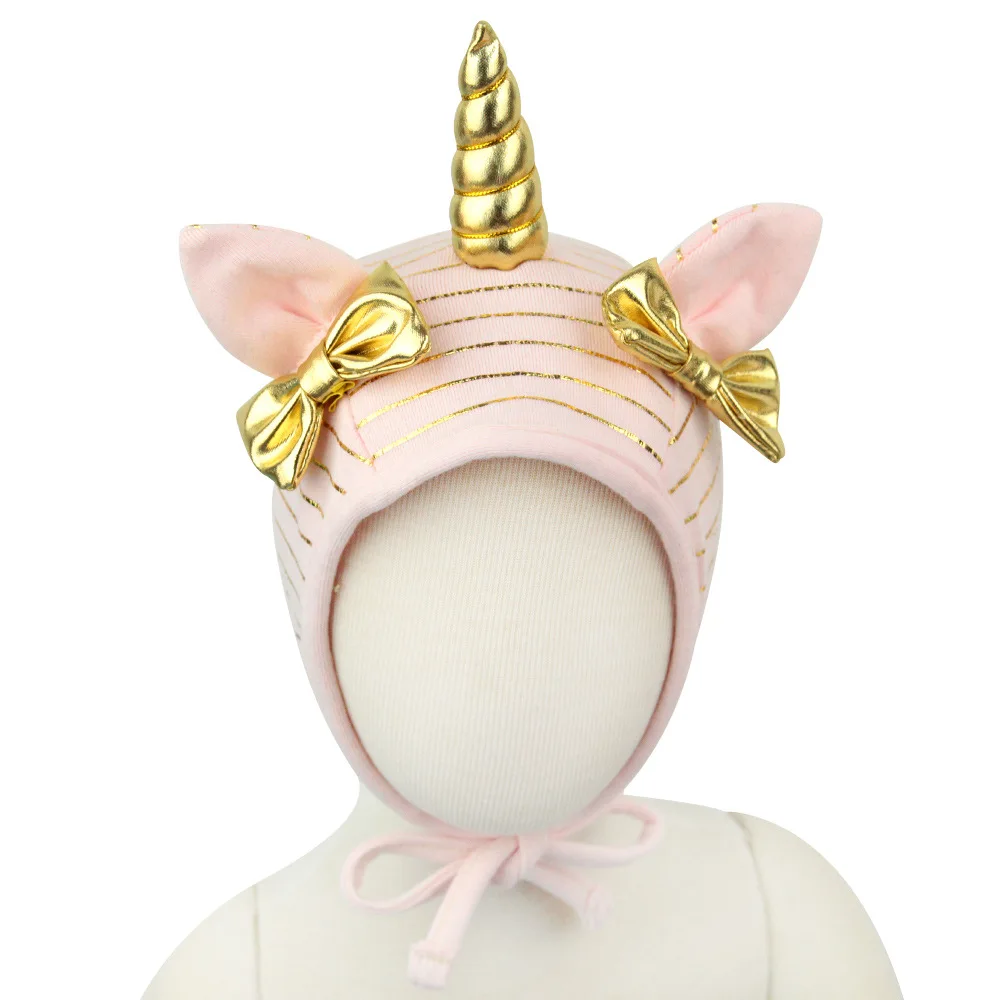 Nishine Gold Unicorn Horn Hat Bow Tie Newborn New Caps Turban Beanie Kids Headwear Photography Props Birthday Gift |