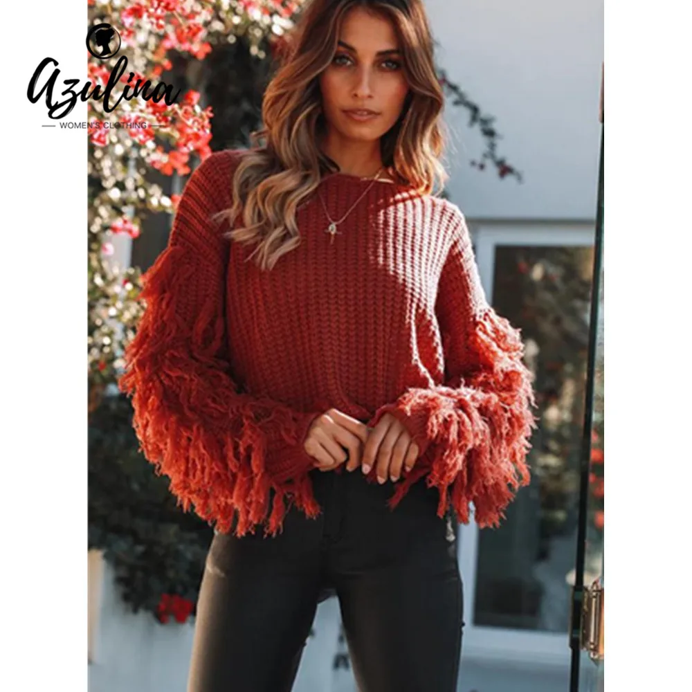 AZULINA Autumn Winter Women Pullover Sweater Round Collar Long Sleeve Fringed Solid Color Loose Sweaters Jumpers Ladies Clothes | Женская