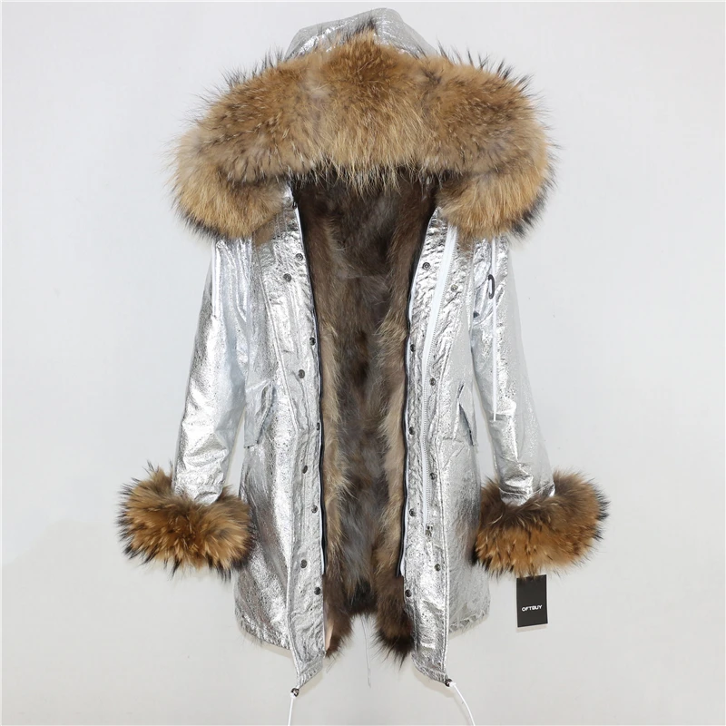 silver natural XD OFTBUY, пальто из натурального меха, длинная парка, зимняя куртка для женщин, натуральный мех енота, Воротник из натурального Лисьего меха, съемная уличная одежда, новинка - Цвет: silver natural XD