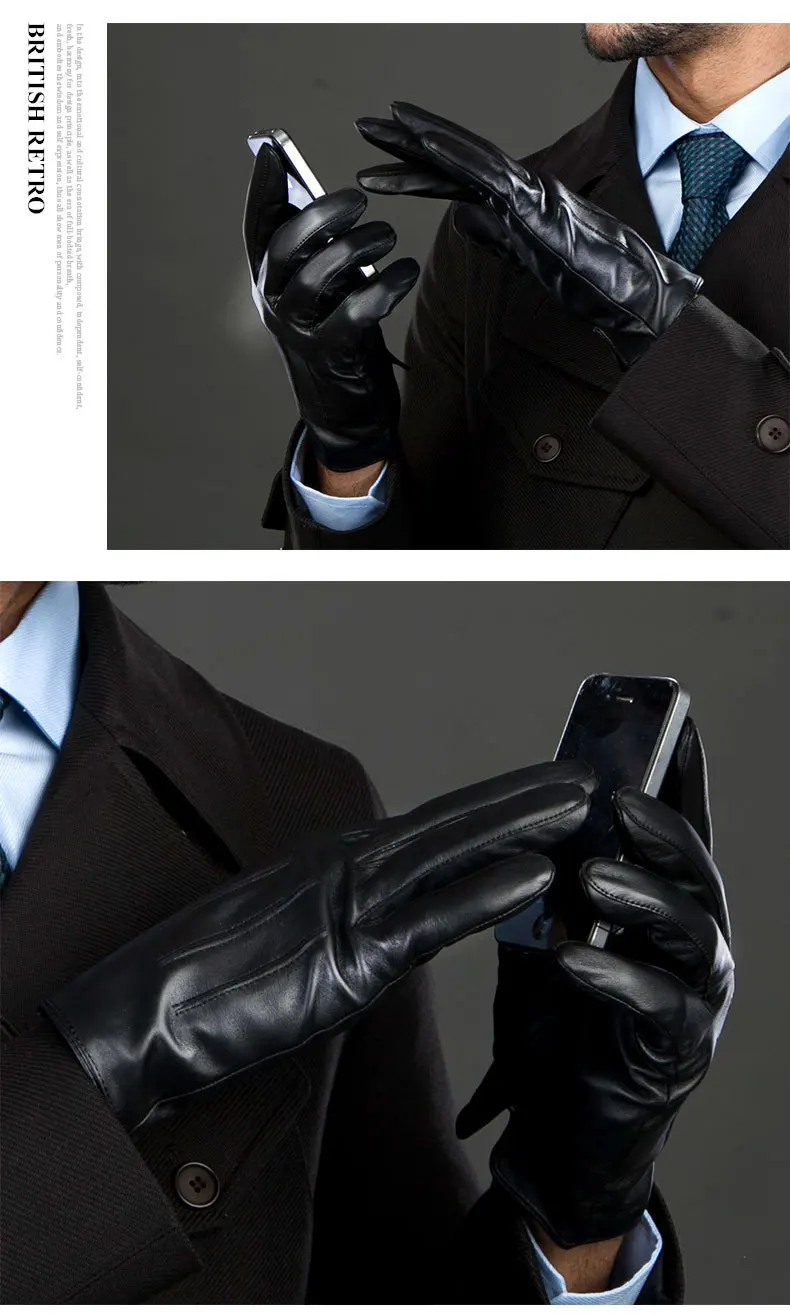 Winter Genuine Leather Gloves Men's Sheepskin Warm Black Mittens European Business Fashion Touch Screen Male Hand Muff H3223