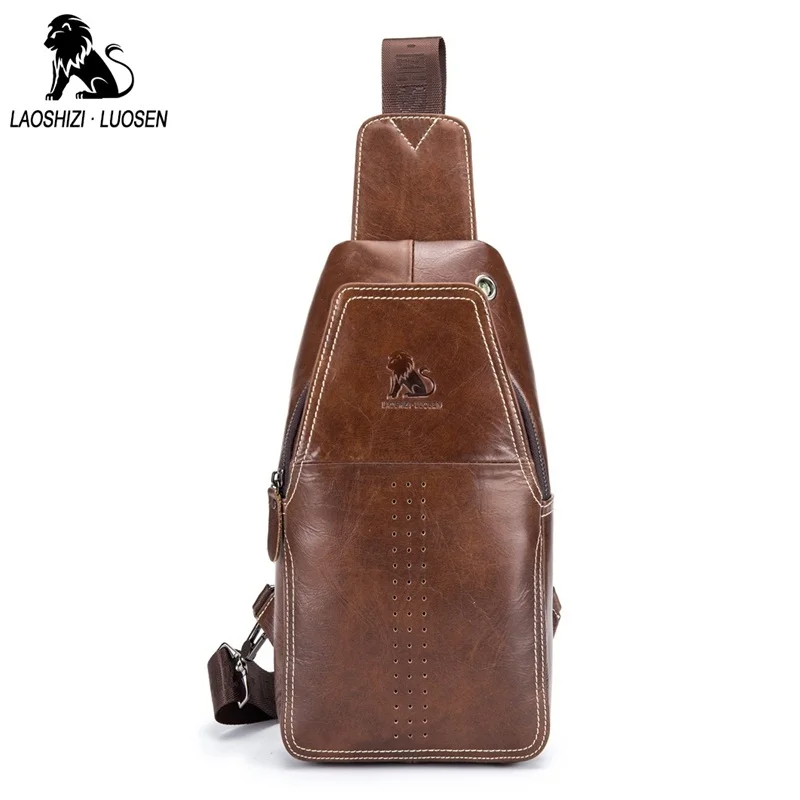 LAOSHIZI LUOSEN New Genuine Leather Men Shoulder Crossbody Bags Vintage Casual Chest Male Travel Single Strap Pack | Багаж и сумки