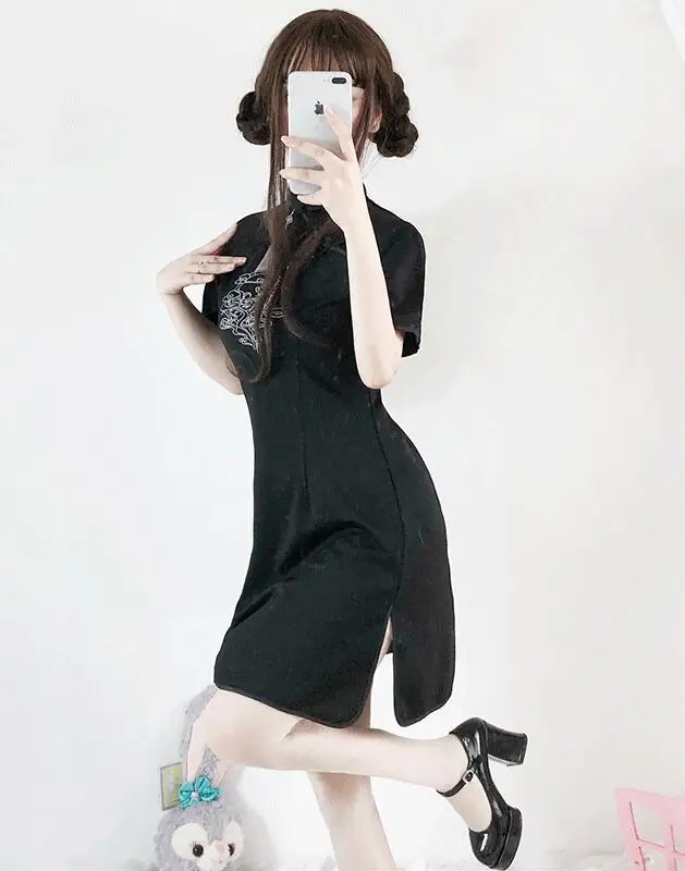 Китайский стиль, винтажное, повседневное, улучшенное, Hanfu, короткое, cheongsam, стенд, вышивка, Готическая Лолита, оп, косплей, Лолита, платье лоли, викторианское