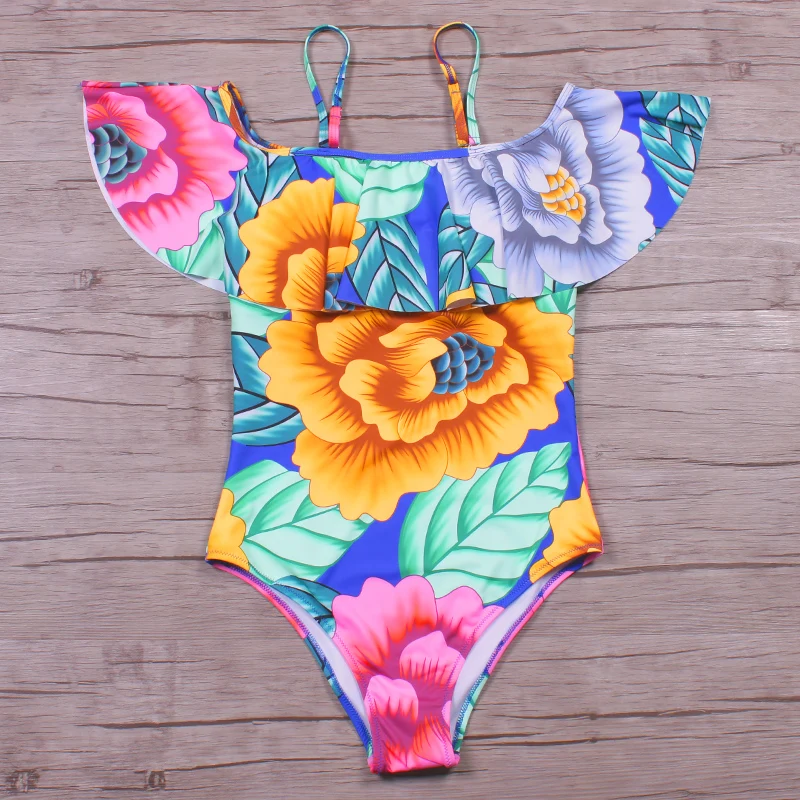 2017 Цельный купальник с открытыми плечами цветочный женский оборками сексуальный