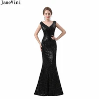 janevini elegant long black sequined mother of the bride dresses v neck sexy illusion back mermaid evening gowns floor length
