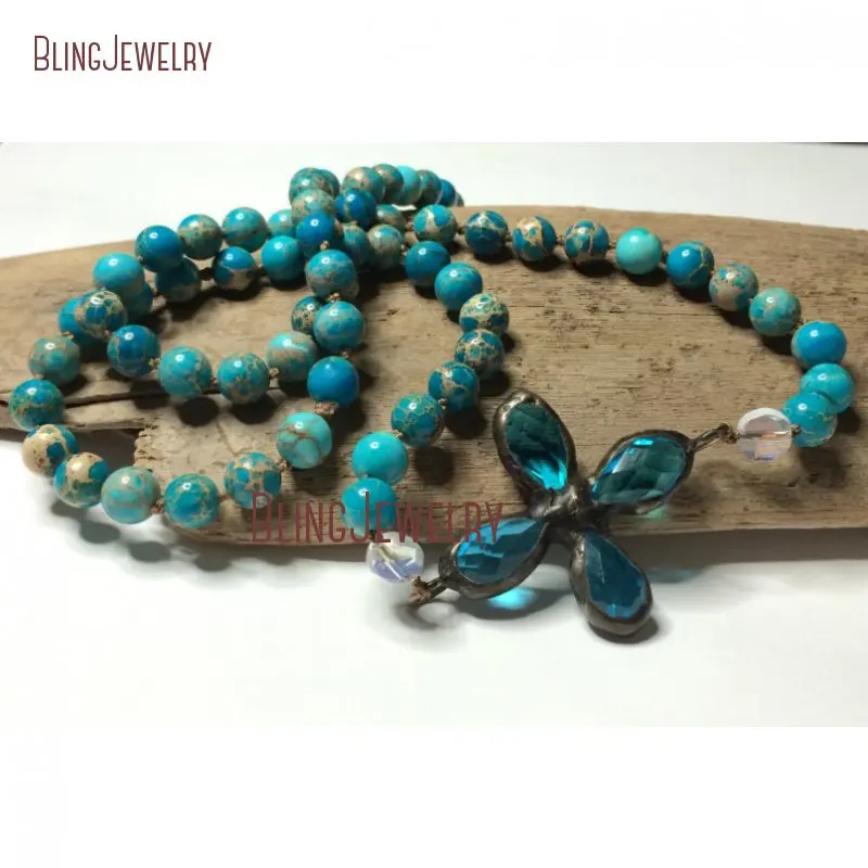 Ожерелье с узелками Boho Aqua Teal ожерелье с припаянным кристаллом с боковым крестом кулон Boho длинное многослойное ожерелье NM26772