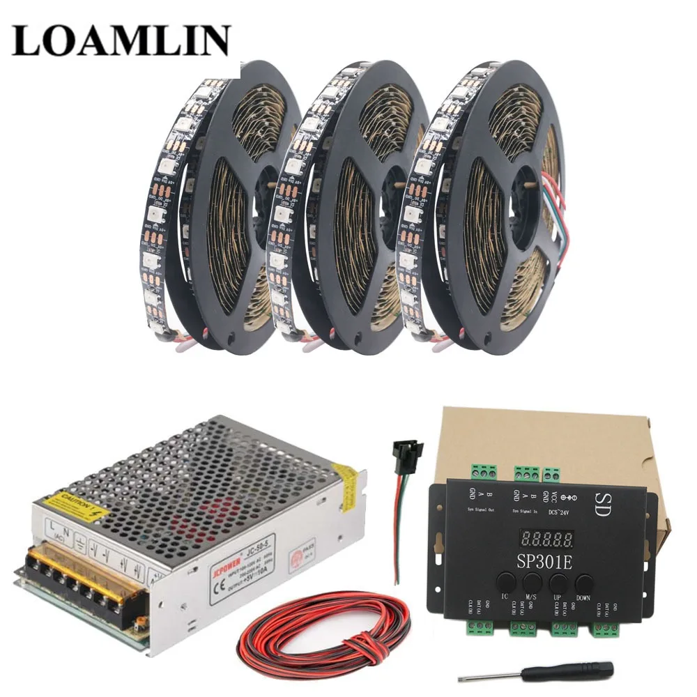 15m WS2812B WS2812 RGB светодиодный светильник лента+ SP301E Syn сигнал программируемый пиксель RGB светодиодный контроллер+ DC5V светодиодный трансформатор комплект - Испускаемый цвет: 15m