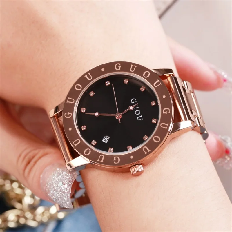 Модные женские Часы GUOU Топ люксовый бренд для дам Золотые кварцевые часы платье