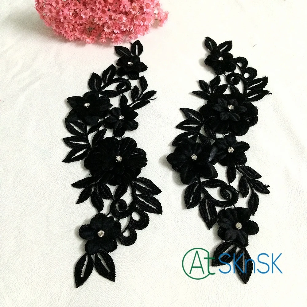 

5 Pairs/lot 24x7cm Black Color Flower Patch Accessorry Clothing Collar Embroidery Sew on Patch Garment Decoration DIY Applique