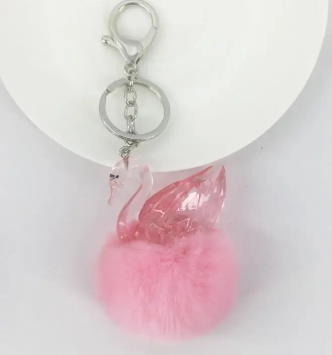 

Party Favor Keyring Pompom Keychain Charm Ball Acrylic Swan Real Rabbit Fur 6cm Ball Genuine Soft Fluffy Purse Pendant XMAS Gift