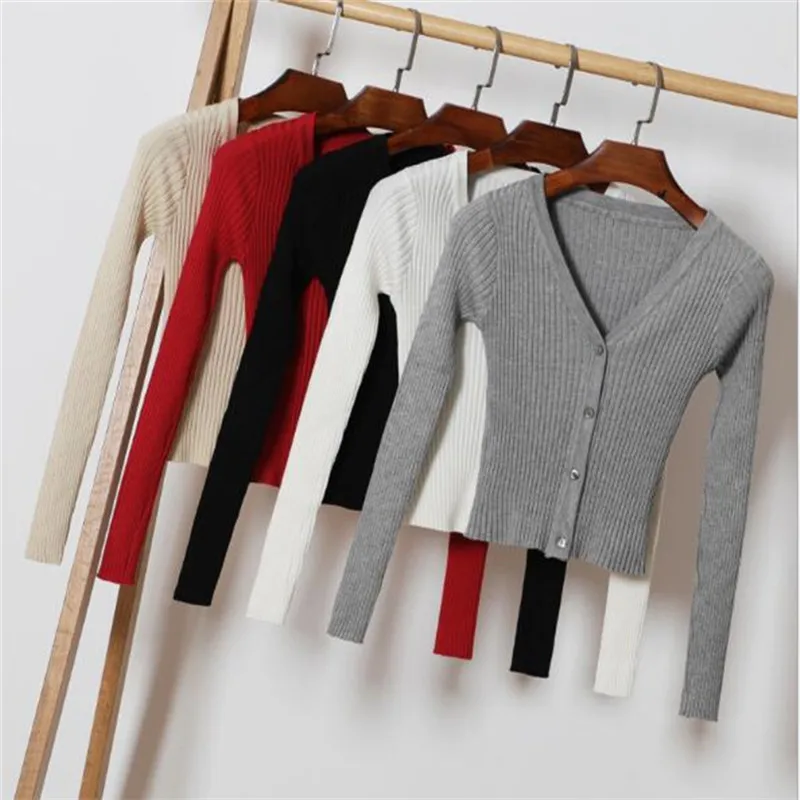 Женский вязаный кардиган с v-образным вырезом короткий тонкий Повседневный