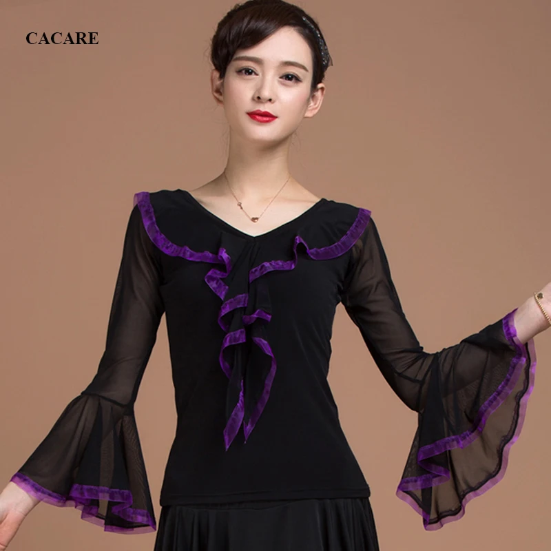 

CACARE Latin Ballroom Dance Shirts Women Dance Top for Tango Salsa Fringe Dancing Latin Dance Costume D0556 with Ruffles
