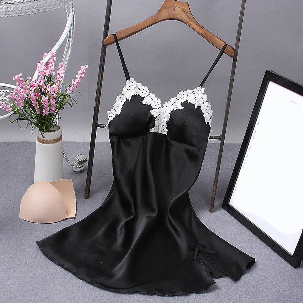 Сексуальное женское атласное кружевное белье без рукавов шелковое платье ночная
