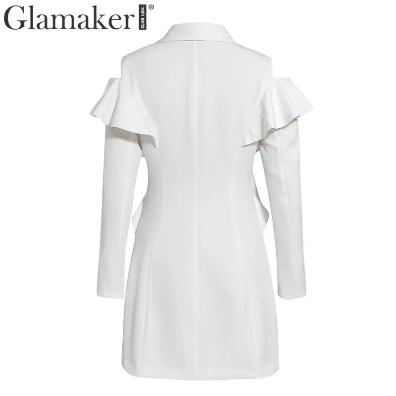 Glamaker короткое белое платье с открытыми плечами и рюшами, женское осеннее элегантное офисное платье, вечерние, сексуальные, с длинным рукавом, зимнее платье-блейзер