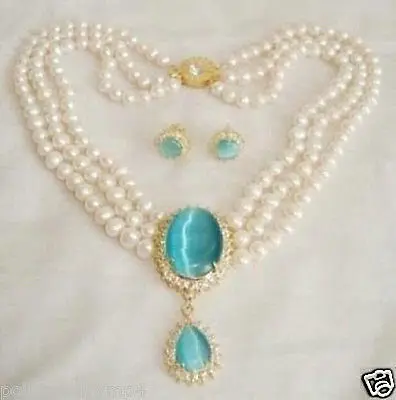 

CharmiNg! jewelry Natural white pearl necklace opal pendant earring set
