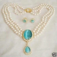 charming jewelry natural white pearl necklace opal pendant earring set