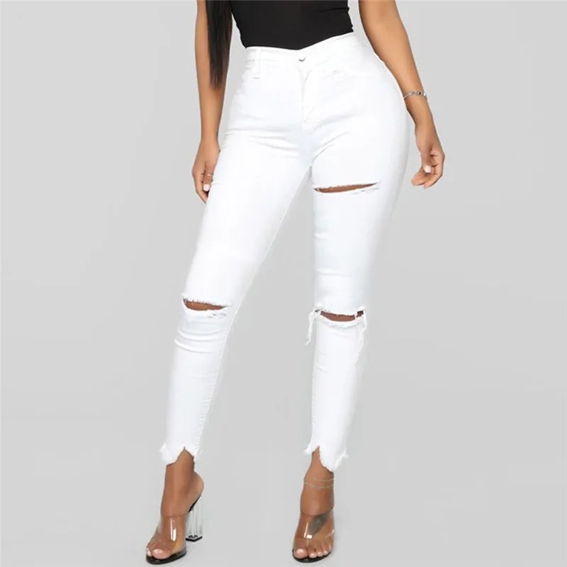 Женские облегающие джинсы белые рваные джинсы-карандаш со средней талией модель