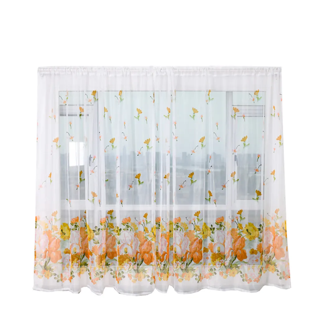 2pcs Peony Flower Print Curtain Tulle Window Treatment Drape Valance Simple Curtain Wear Rod Model 100x200cm L703