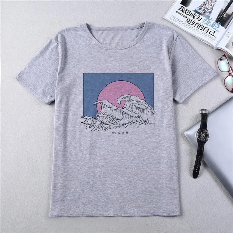 Новинка, Camisetas Verano Mujer,, Harajuku, Kawaii, волнистая, эстетическая, винтажная, парная Футболка, женская, Vogue, повседневная, с принтом, короткий рукав, Топ - Цвет: 1754-Gray