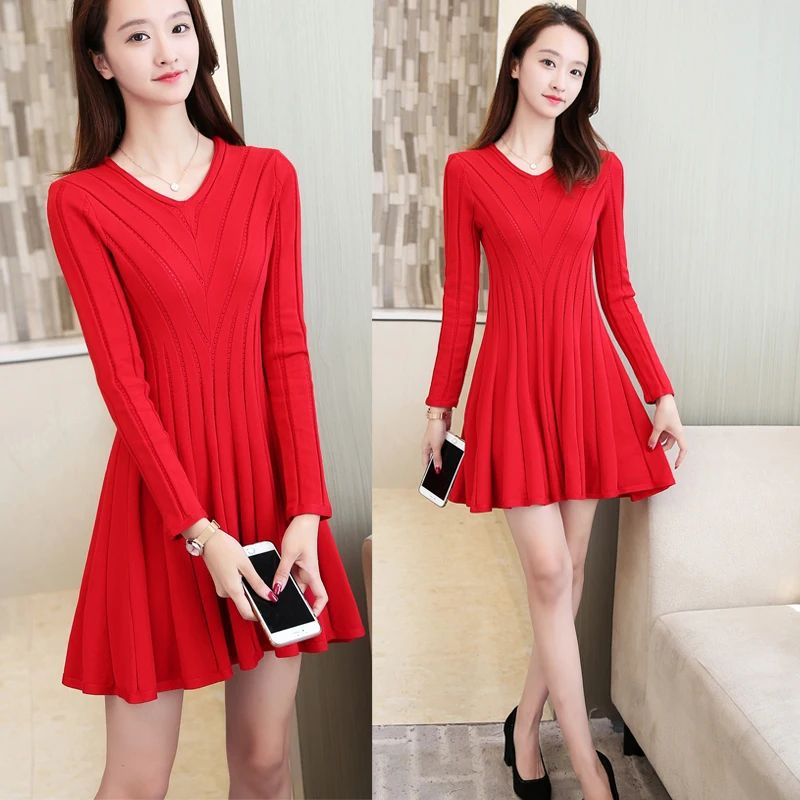 Женское трикотажное платье свитер с V образным вырезом и длинным рукавом|sweater