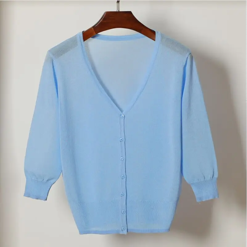 blue Размер M-4XL, летний женский свитер, топы, модный вязаный 3/4 рукав, v-образный вырез, однотонный Повседневный женский кардиган, свитер для женщин - Цвет: blue