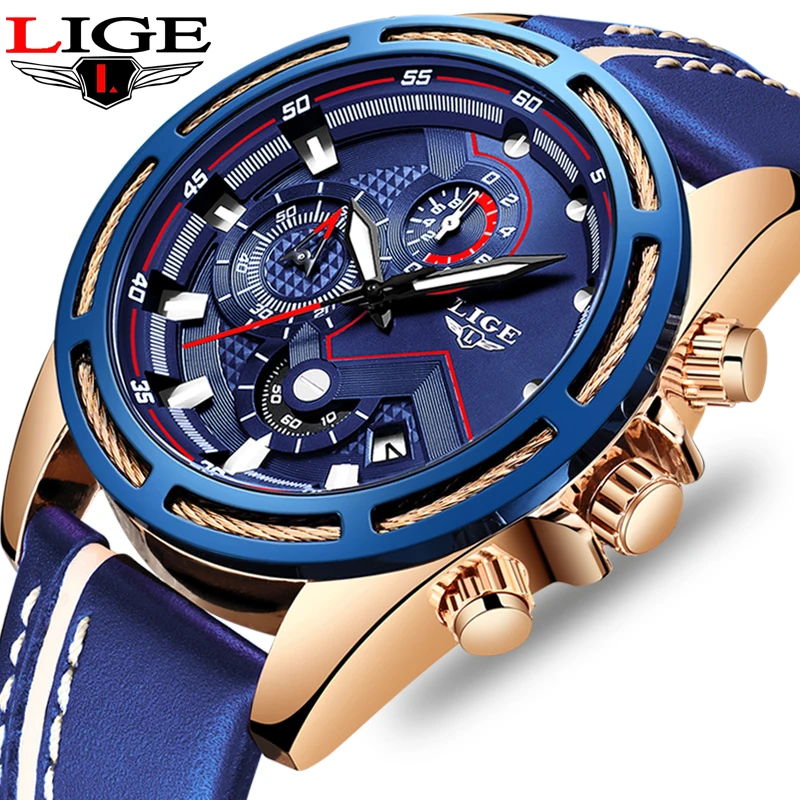 Часы наручные LIGE мужские с кожаным ремешком роскошные брендовые аналоговые