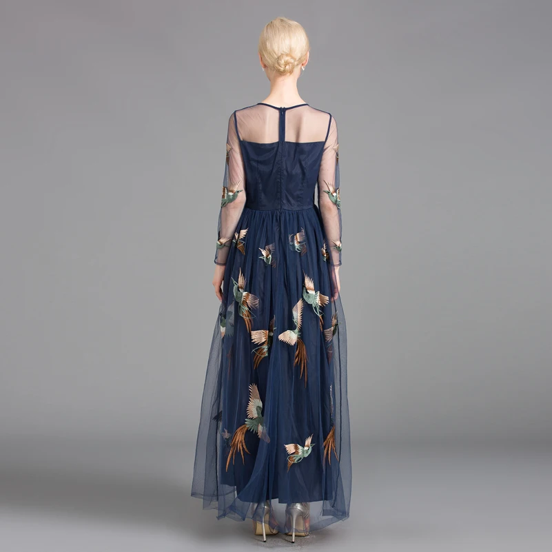 Женское длинное платье с вышивкой летнее макси из сетчатой пряжи в виде птиц