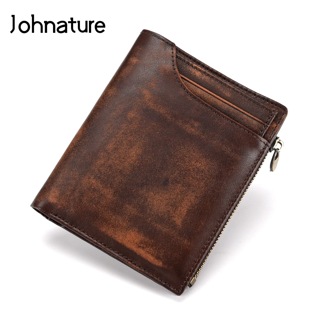 

Johnature 2021 New Vintage Casual Solid Short Genuine Leather Men Wallets Cow Leather Coin Purse Card Holder Multi-card position
