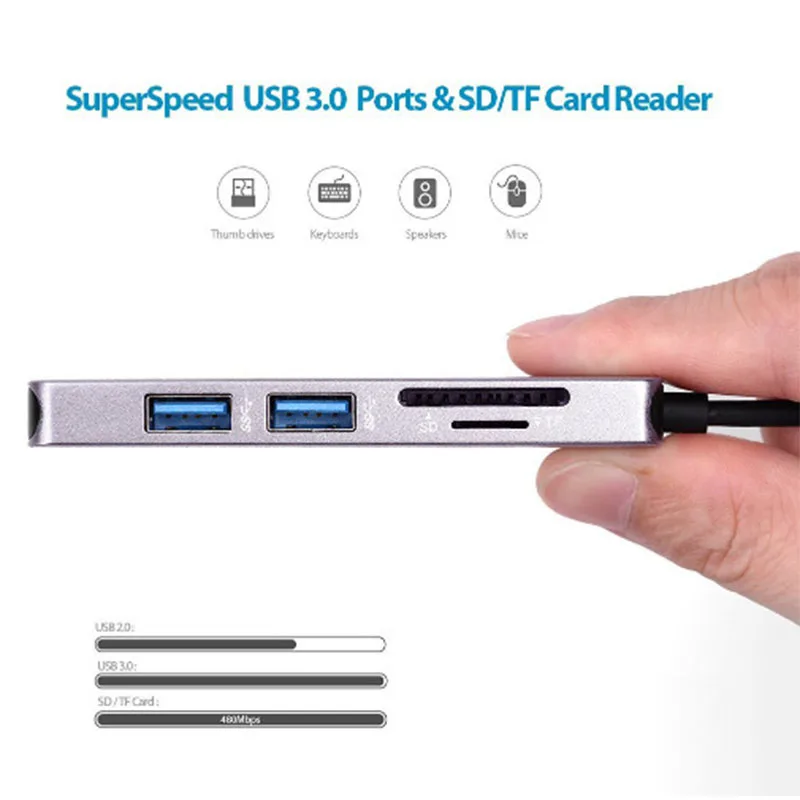 Superspeed USB 3.0 Port HD SD/TF Card Reader 5 in 1 Type C USB-C to HDMI 4K Converter Hab for MacBook Pro 3.1 Hub | Электроника