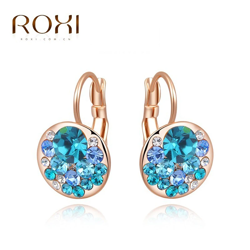 Серьги ROXI с голубым круглым камнем, модные ювелирные изделия, серьги из розового золота для женщин, вечерние, подарок на свадьбу, серебряные сережки oorbellen