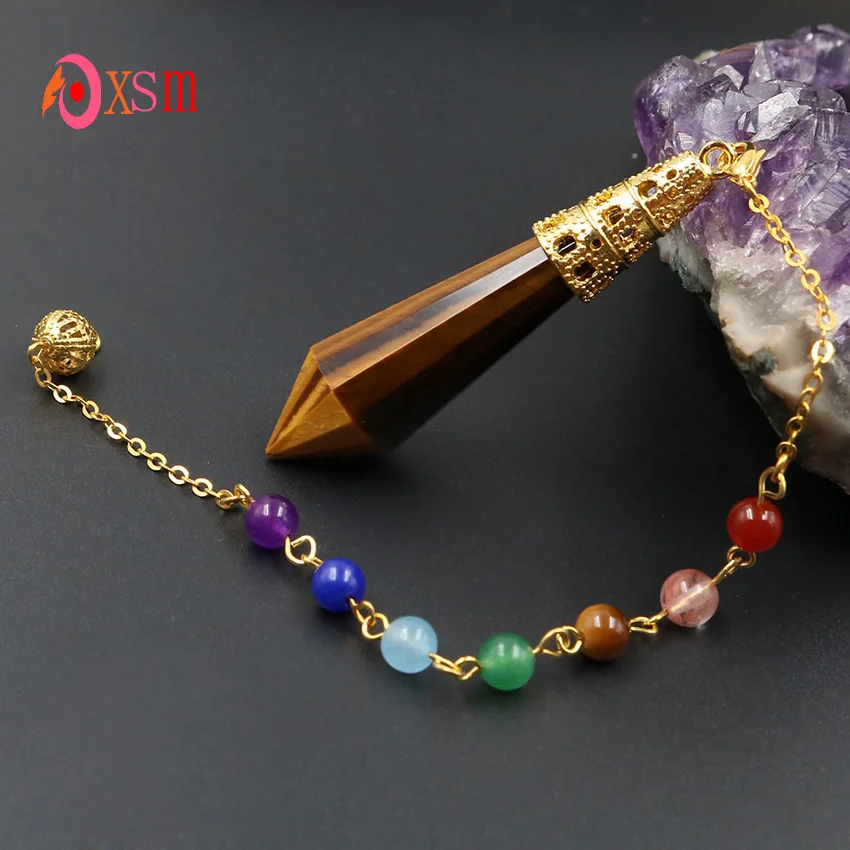 xinshangmie Light Yellow Gold Color Natural Tiger Eye Stone Pyramid Hexagonal Prism Pendulum Pendant 7 Chakra Chain Jewelry | Украшения и