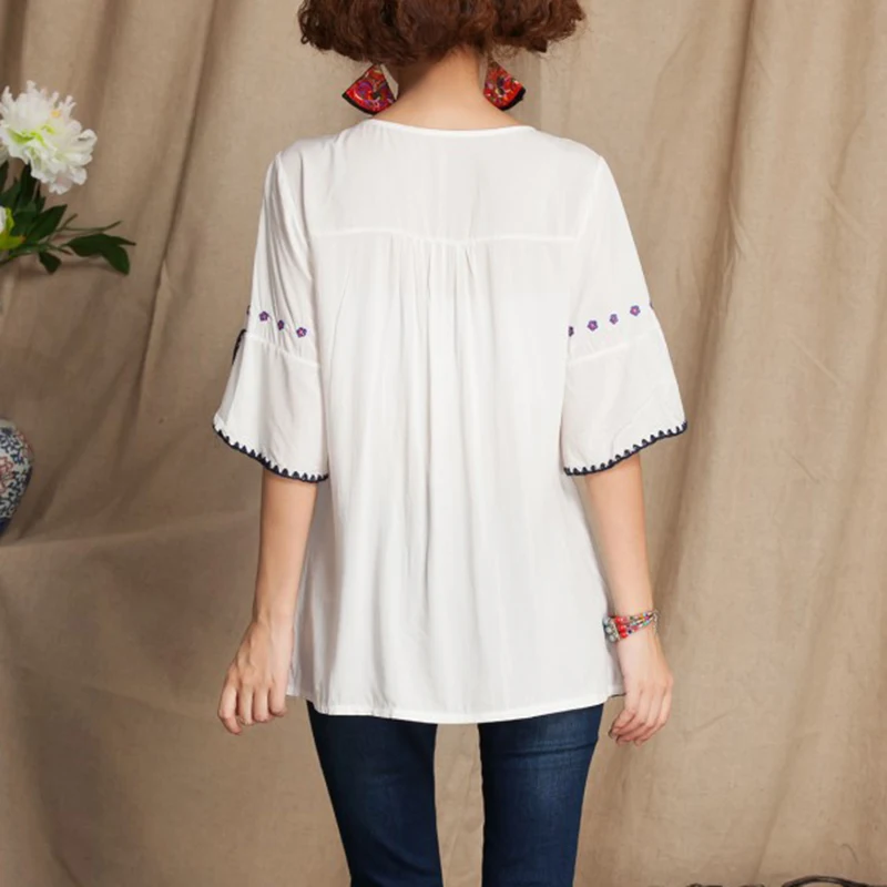 boho рубашки Для женщин модные блузки с короткими рукавами рубашка с цветочным узором Винтаж 70s мексиканская футболка в этническом стиле Готический вышитая блузка Для женщин